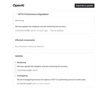 OpenAI Codex 团队修复 GPT-5.5 性能异常，系统已恢复稳定运行