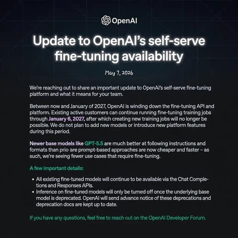 OpenAI 微调 API 将停止新训练