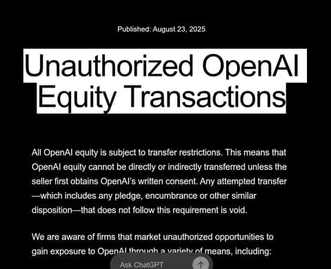 OpenAI 警告未经授权股权交易