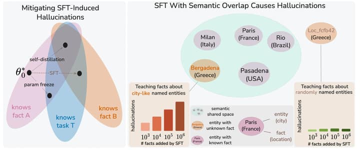 SFT 诱导幻觉与自蒸馏缓解方法对比示意图