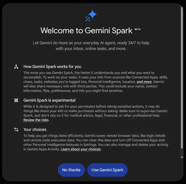 Gemini Spark Agent 爆料截图显示 24/7 AI 助手特性
