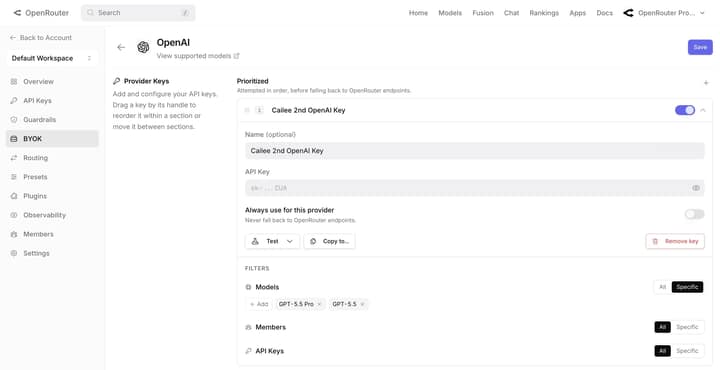 OpenRouter BYOK 按用户与模型过滤的配置面板