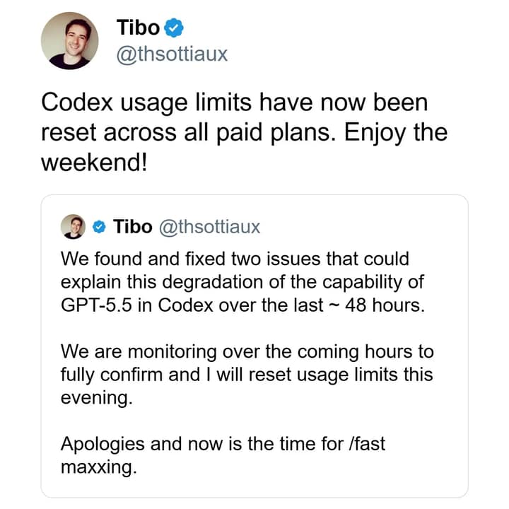 开发者社区对 Codex GPT-5.5 修复的反馈截图