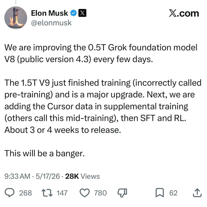Elon Musk 在 X 平台发布 Grok V9 1.5T 模型训练完成消息