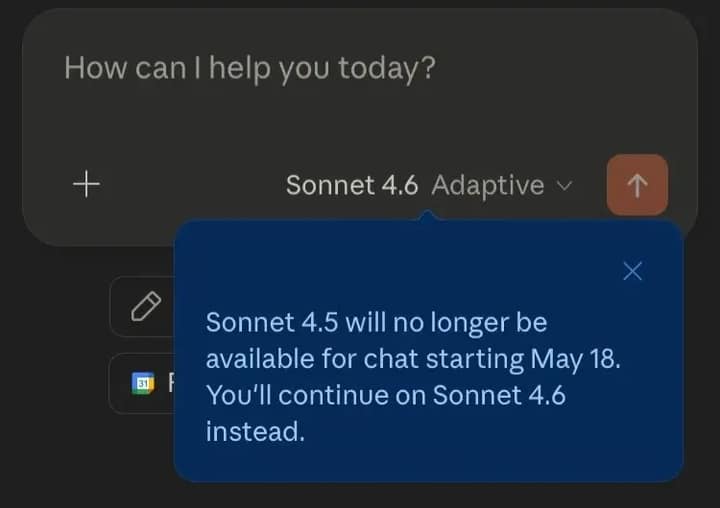 Claude Sonnet 4.5 下架日期变更的 App 内通知截图