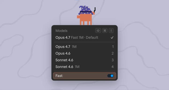 Claude Code Fast mode 界面截图显示 Opus 4.7 默认启用
